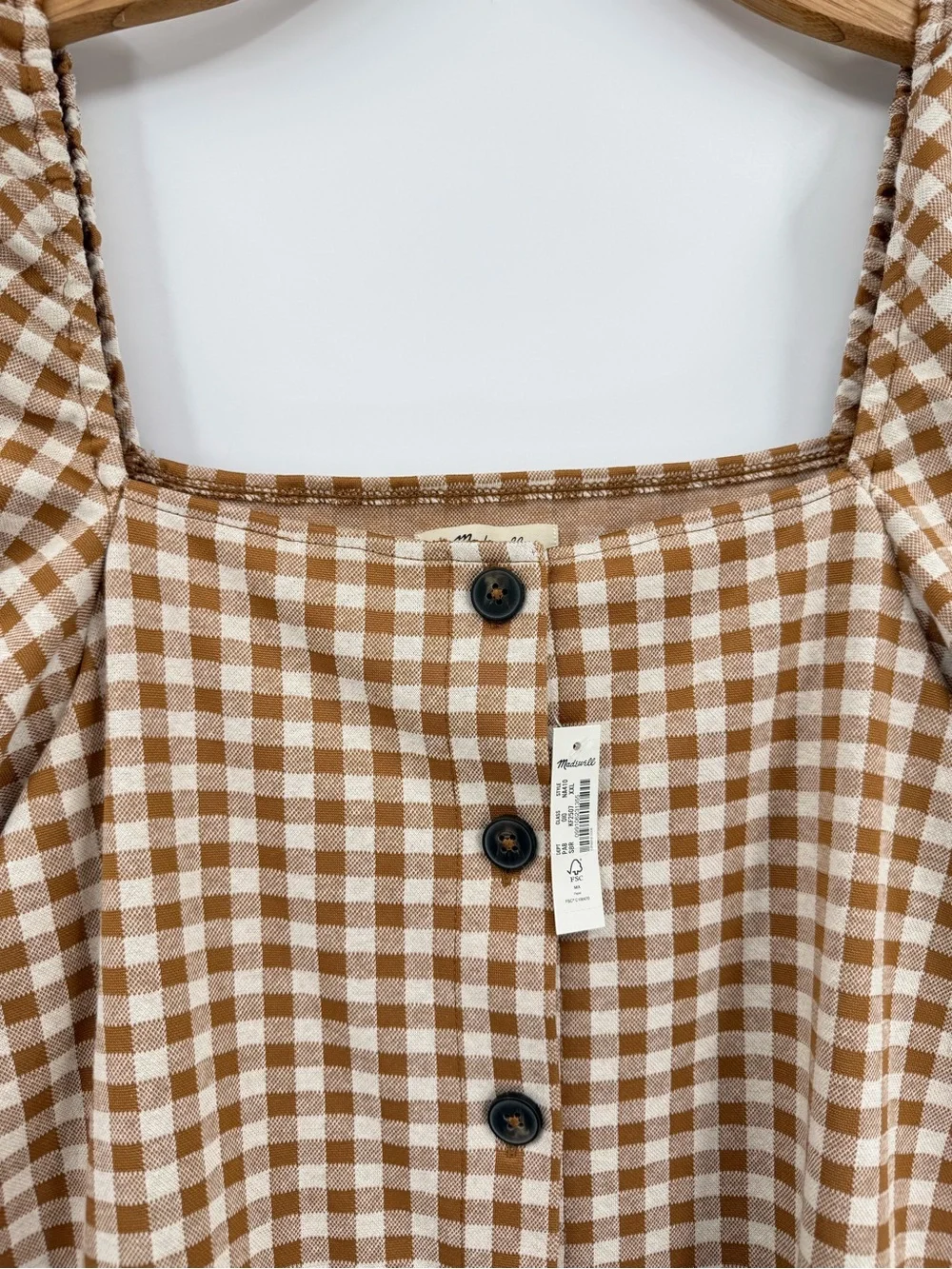 Madewell Gingham Jacquard Square-Neck Puff-Sleeve Top in Saddle Brown Size XXL